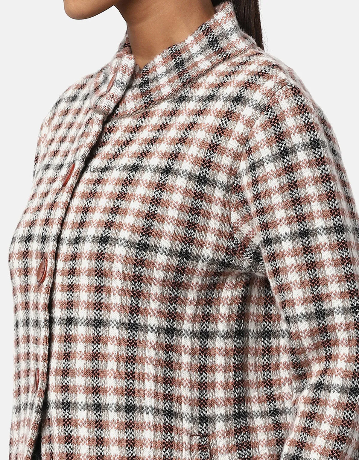 Women Knitted Checkered Short Coat