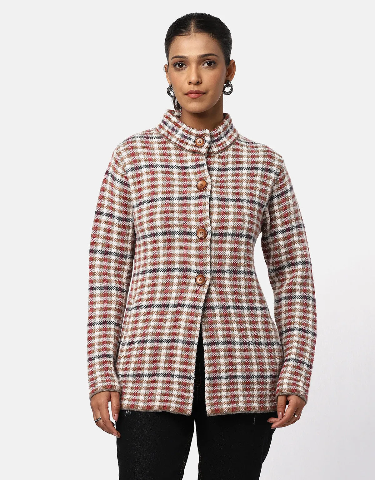 Women Knitted Checkered Short Coat