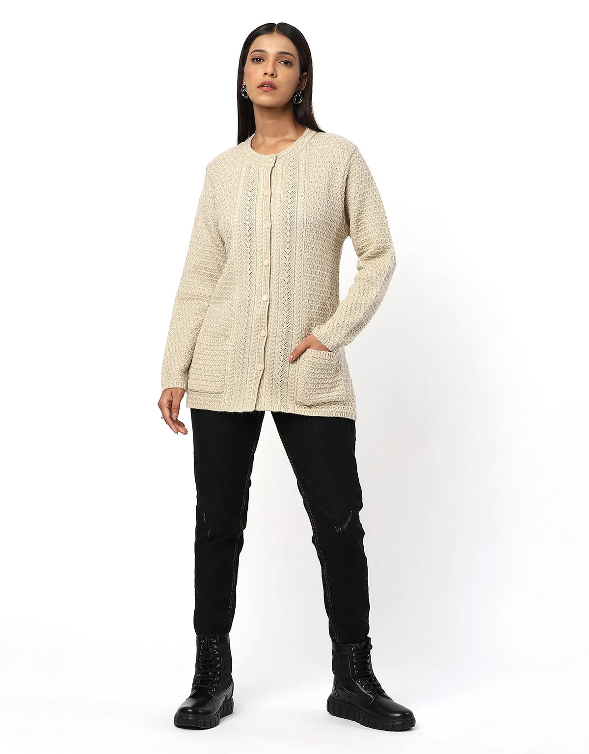 Women Knitted Round Neck Long Coat With Front Buttons