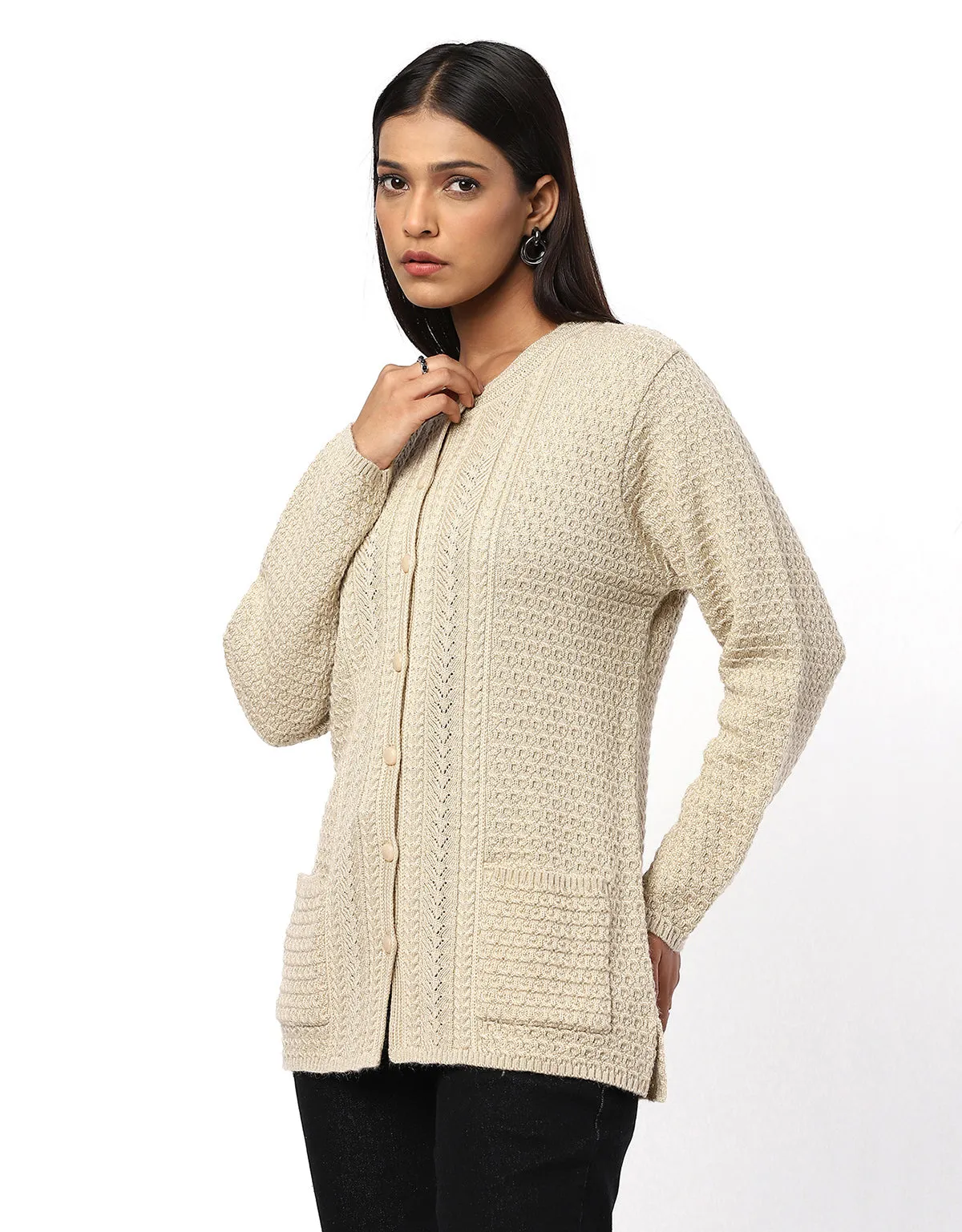 Women Knitted Round Neck Long Coat With Front Buttons