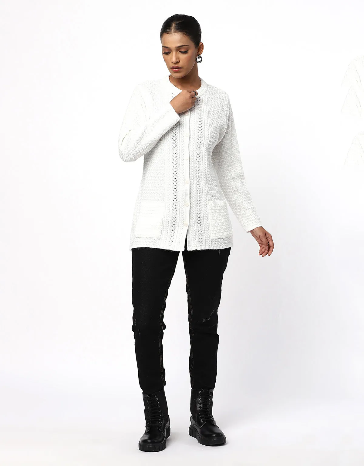 Women Knitted Round Neck Long Coat With Front Buttons