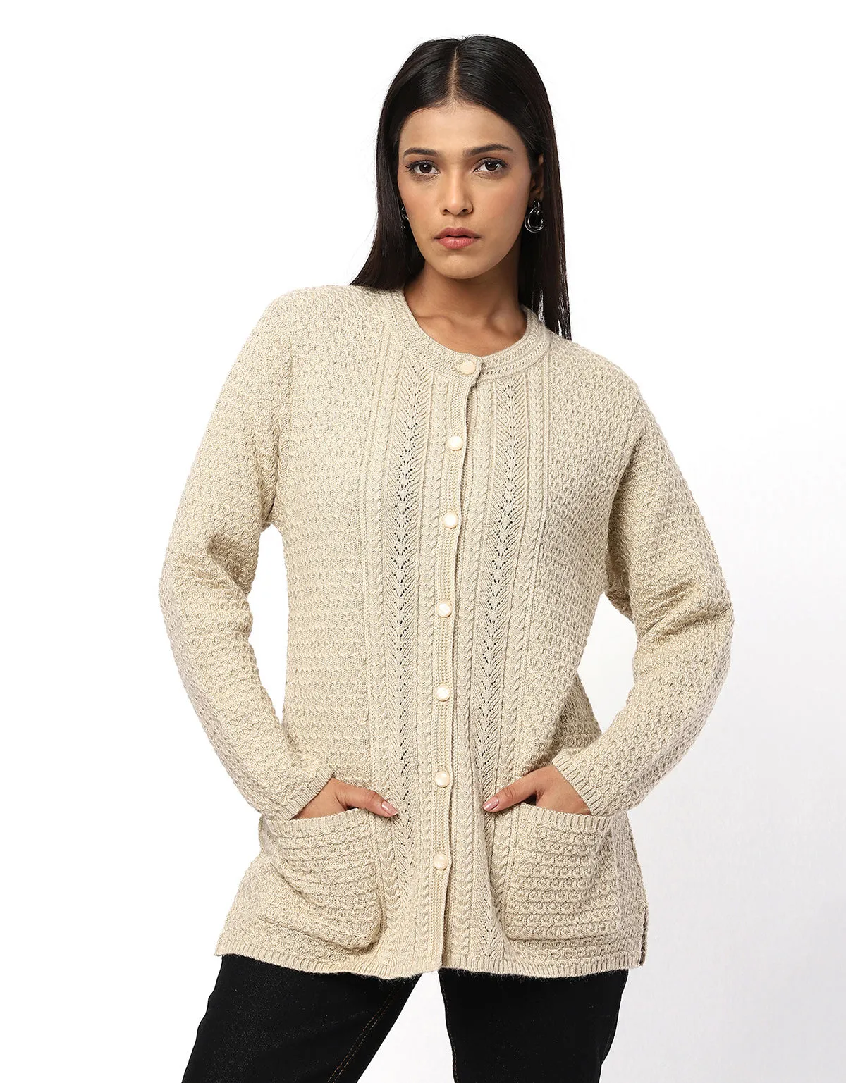 Women Knitted Round Neck Long Coat With Front Buttons