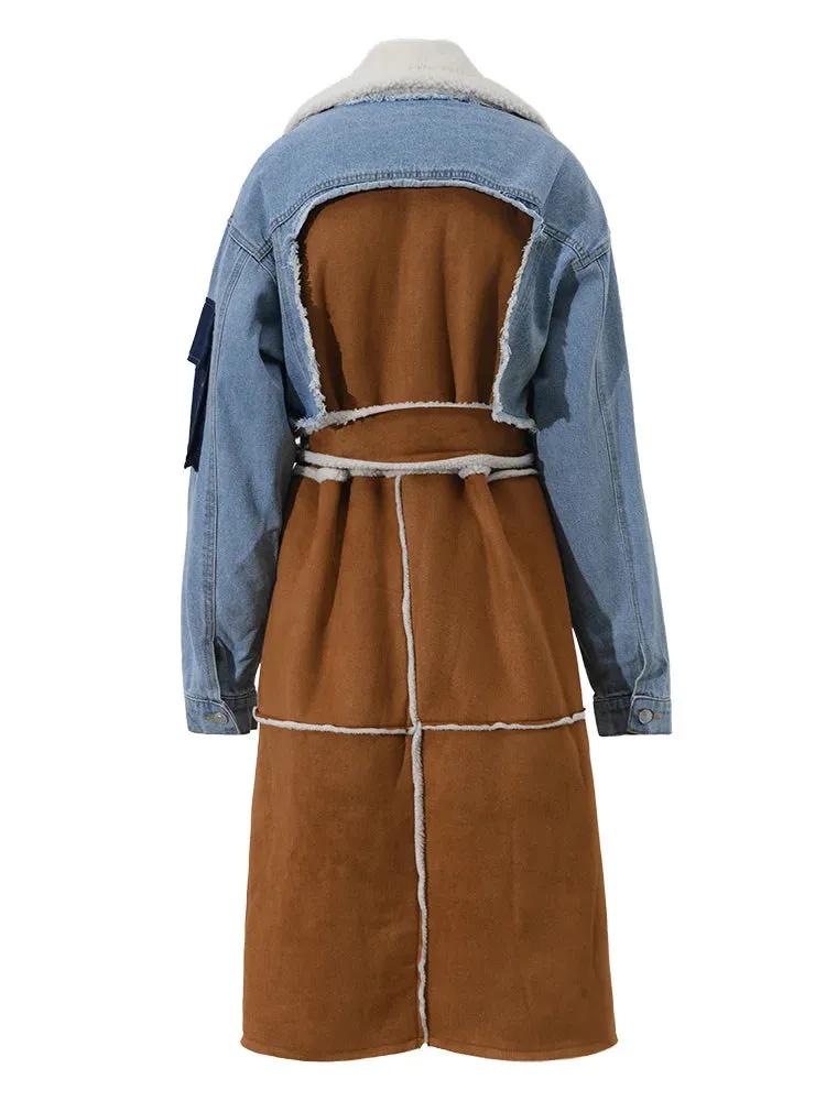 Women's Elegant Denim and Woolen Long Coat