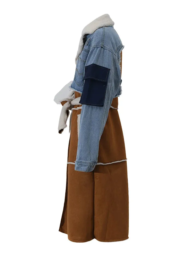 Women's Elegant Denim and Woolen Long Coat