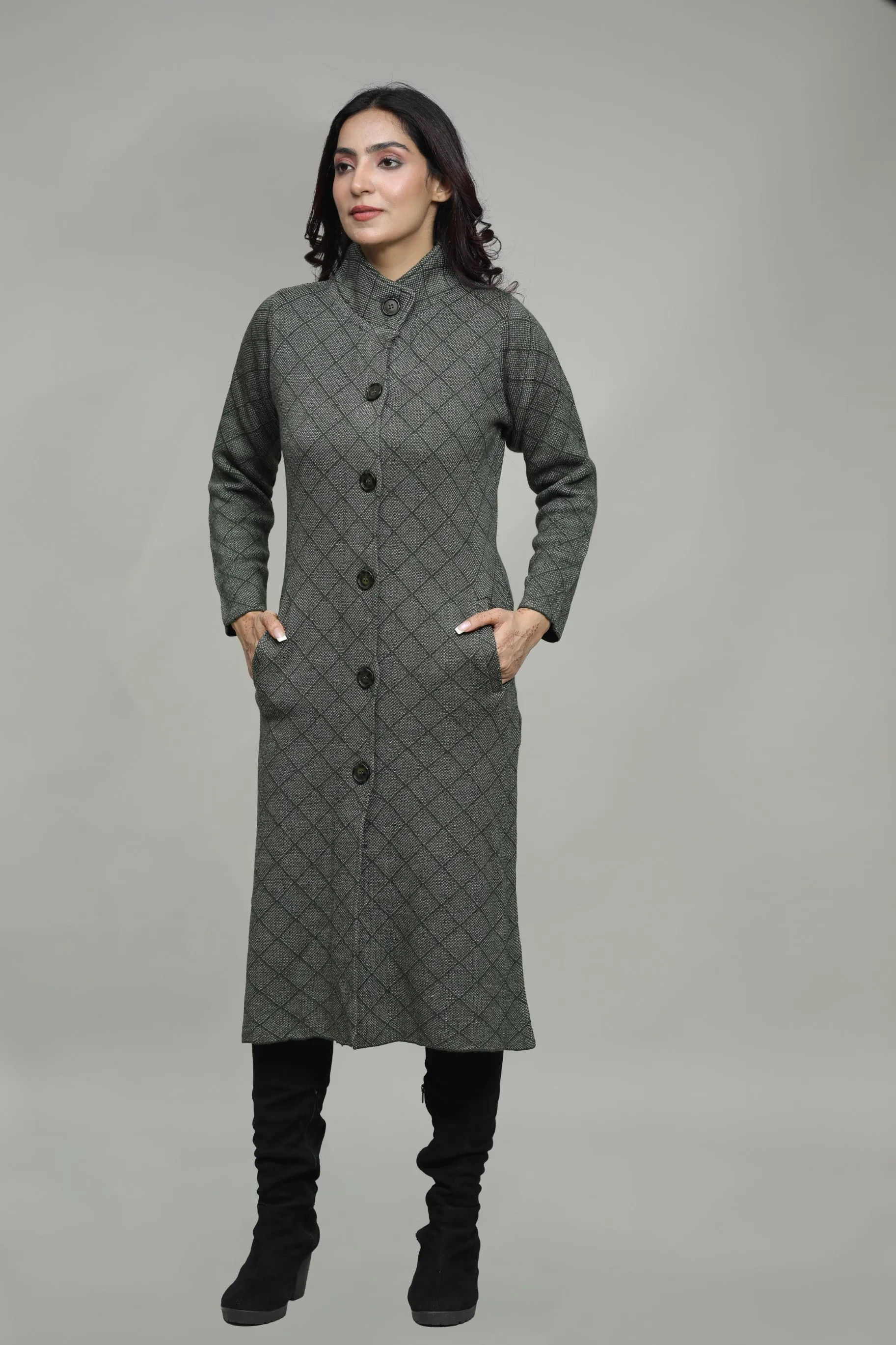 Woolen Check Winter Long Coat With Front Buttons