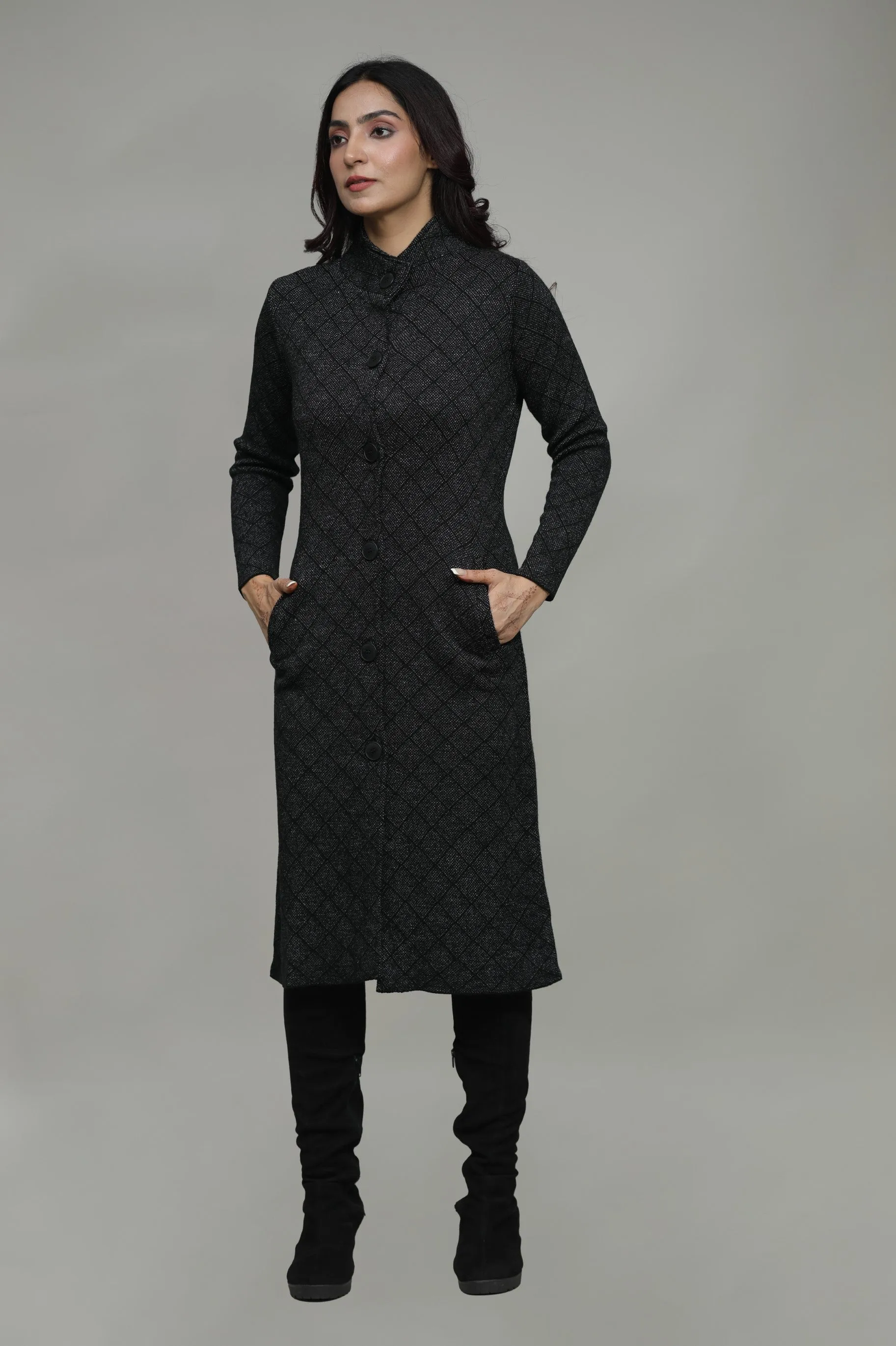 Woolen Check Winter Long Coat With Front Buttons