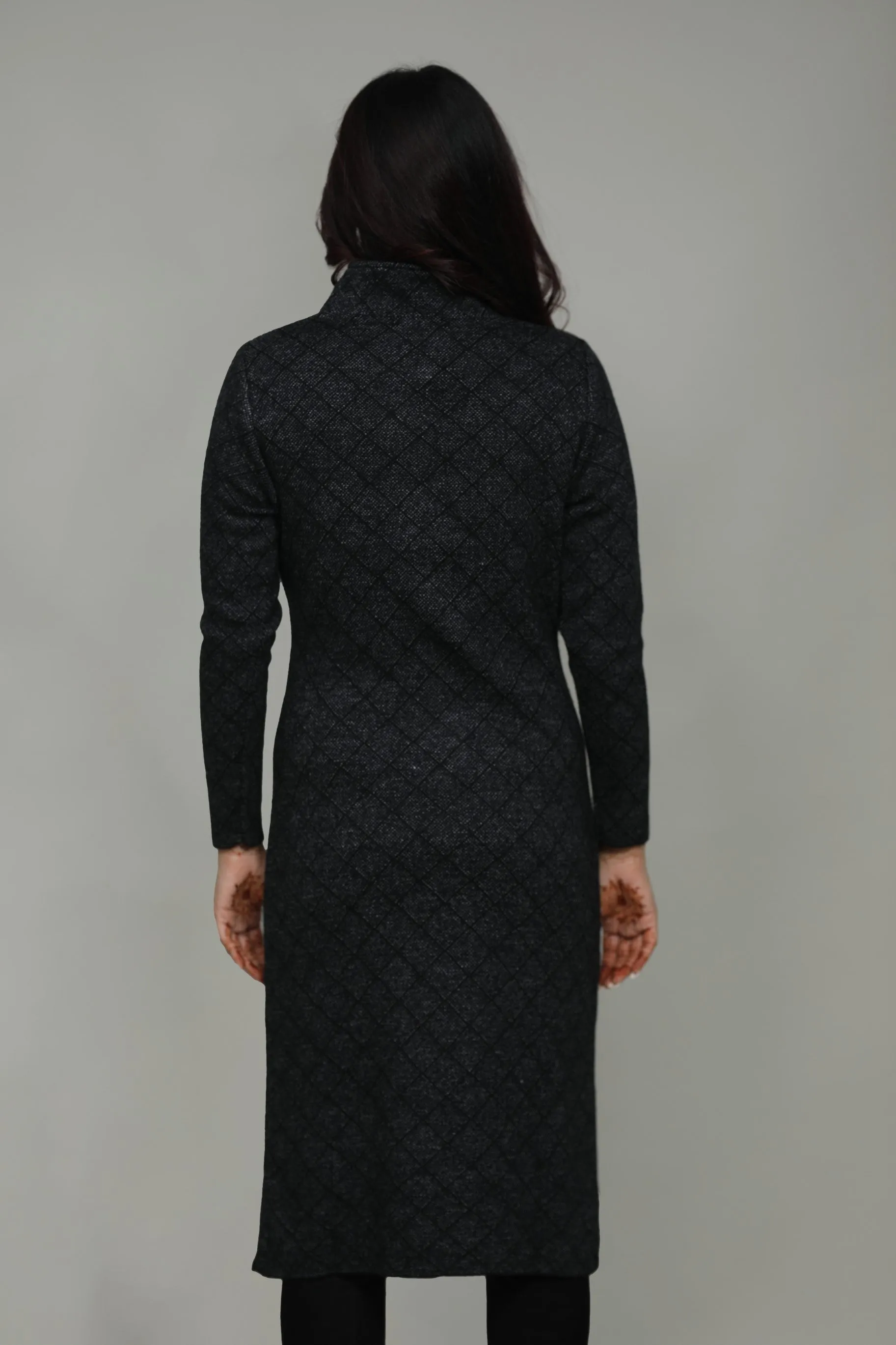 Woolen Check Winter Long Coat With Front Buttons