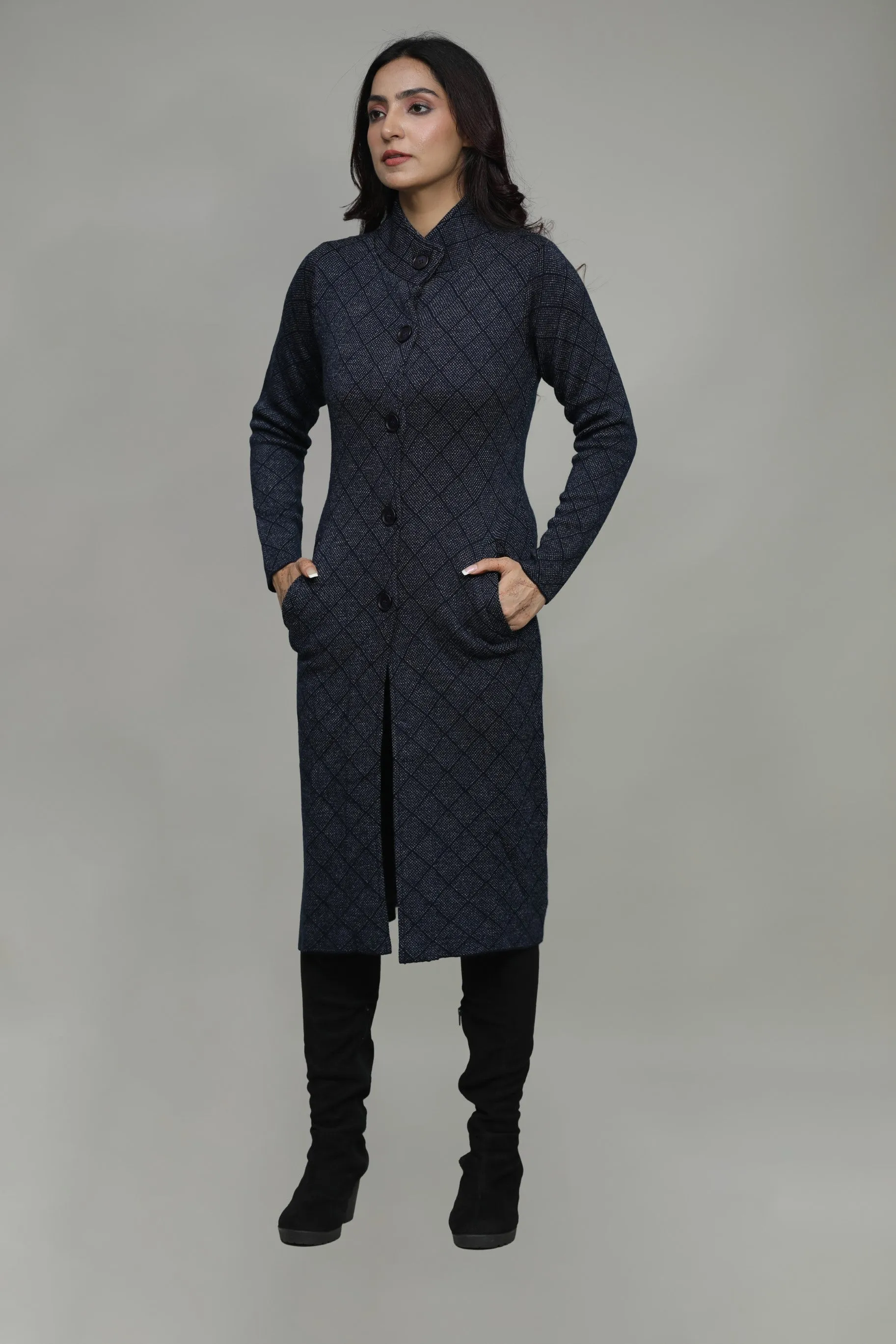 Woolen Check Winter Long Coat With Front Buttons