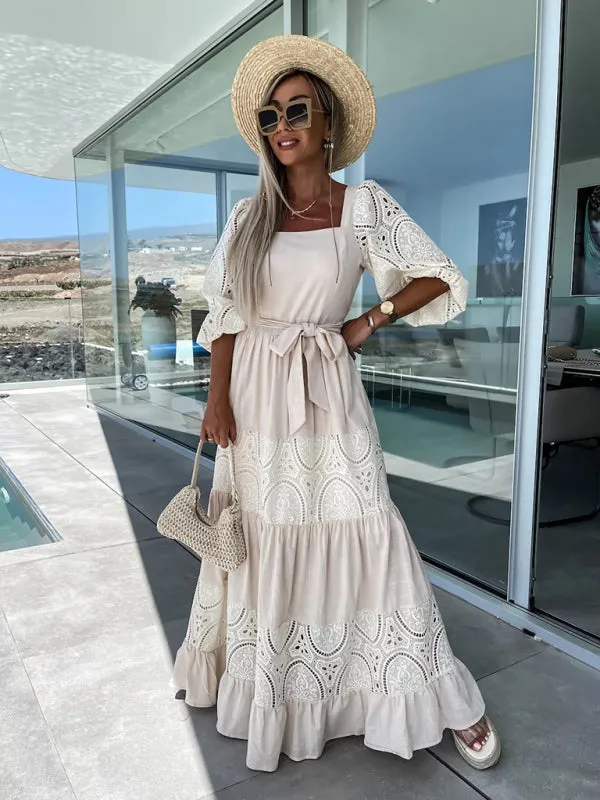 Woven Square Neck Hollow Crochet Mosaic Loose Long Dress