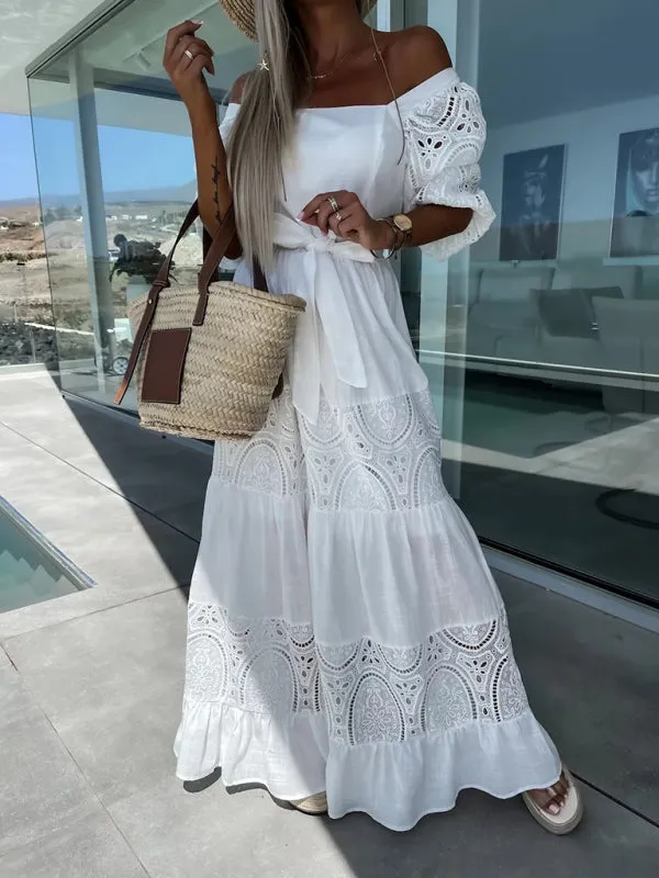 Woven Square Neck Hollow Crochet Mosaic Loose Long Dress