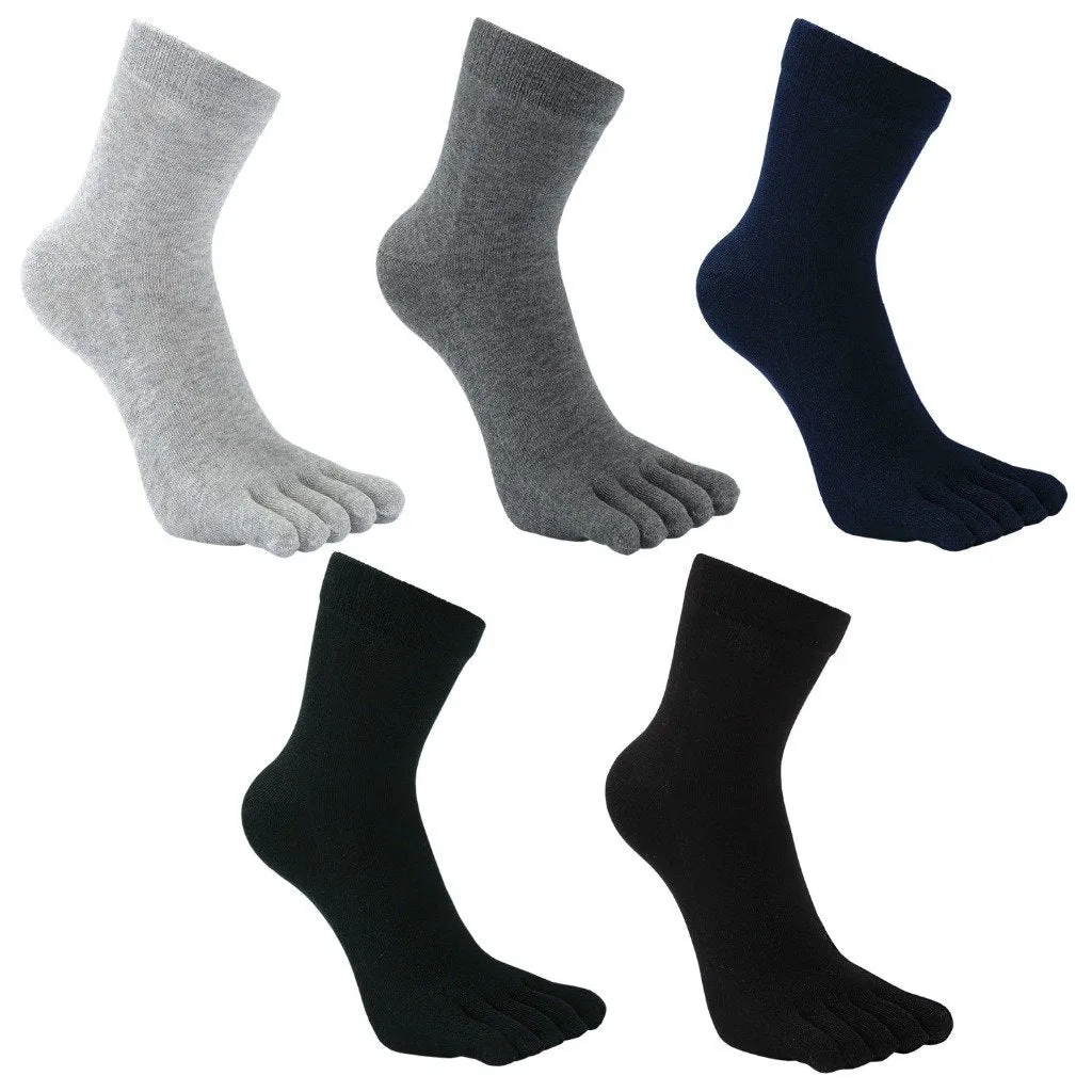 ZFSOCK Plain Neutral Colors Cotton Crew 5 Finger Socks for Men, 5 Pairs