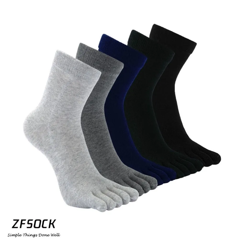 ZFSOCK Plain Neutral Colors Cotton Crew 5 Finger Socks for Men, 5 Pairs